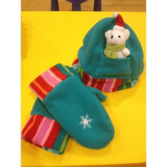 Kids Unisex Winter Mittens & Hat Set Blue 100% Polyester - Picture 1 of 9